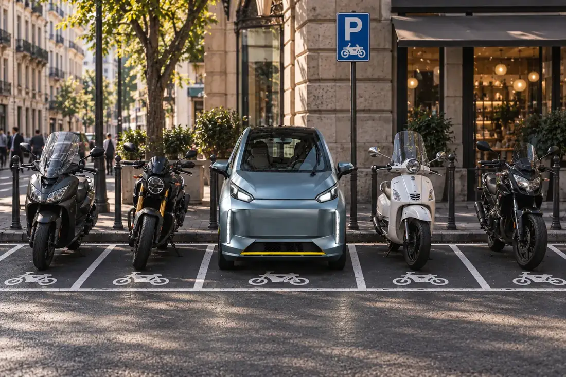 La SWAPA parcheggiata in uno stallo per motocicli, in fila tra gli scooter