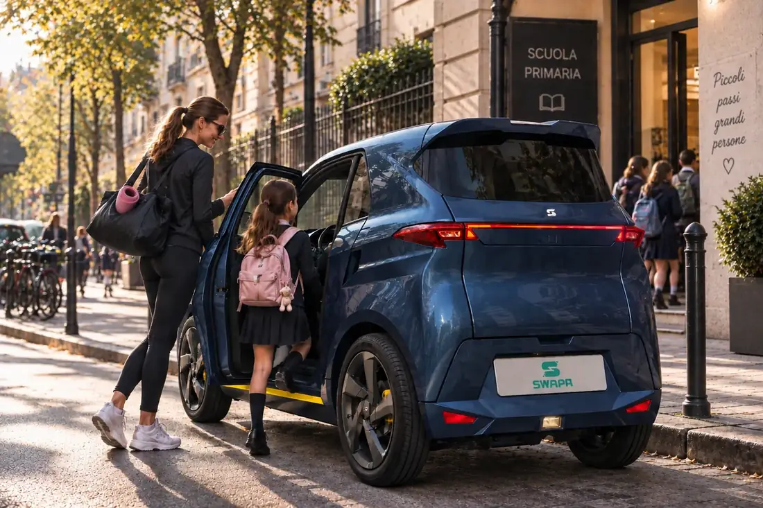 Una mamma accompagna la figlia a scuola con la SWAPA parcheggiata lungo il marciapiede